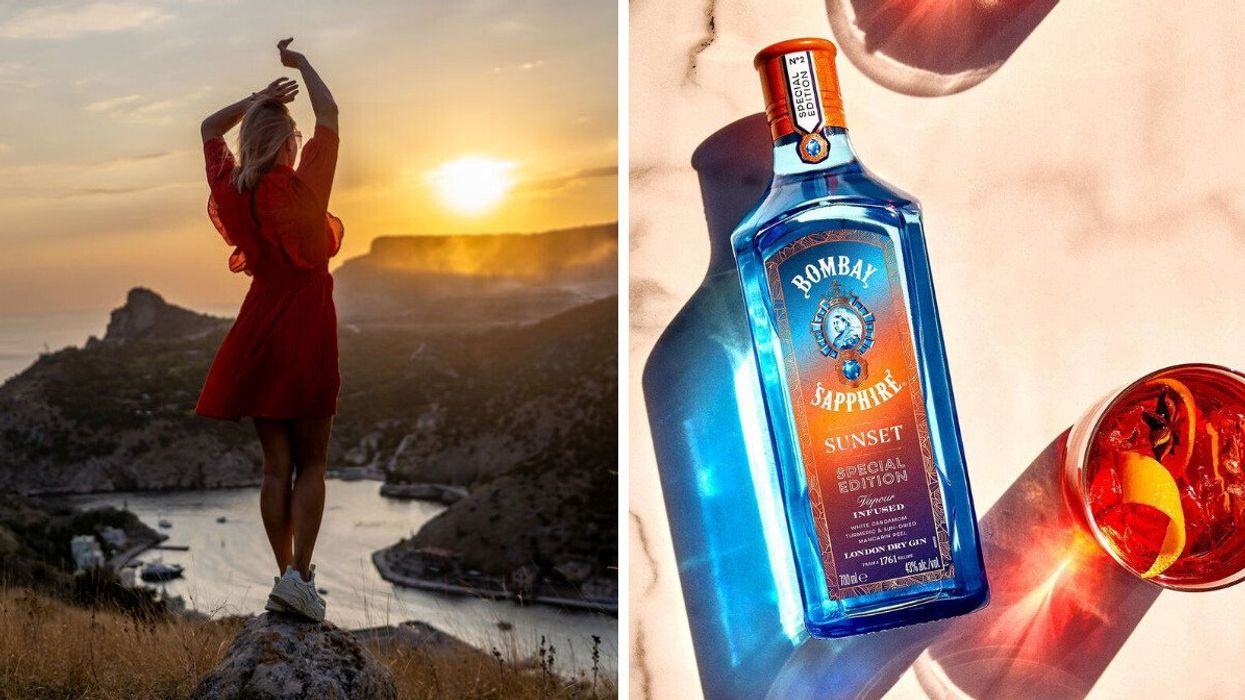 A person watching the sunset over a rocky coastline. Right: A bottle of Bombay Sunset.