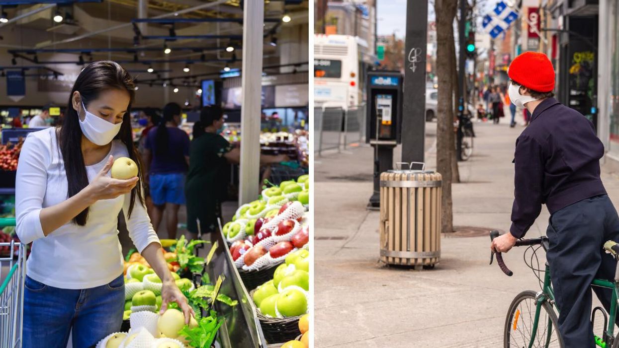 A person wearing a face mask in a grocery store. Right: A cyclist with a mask in Montreal.