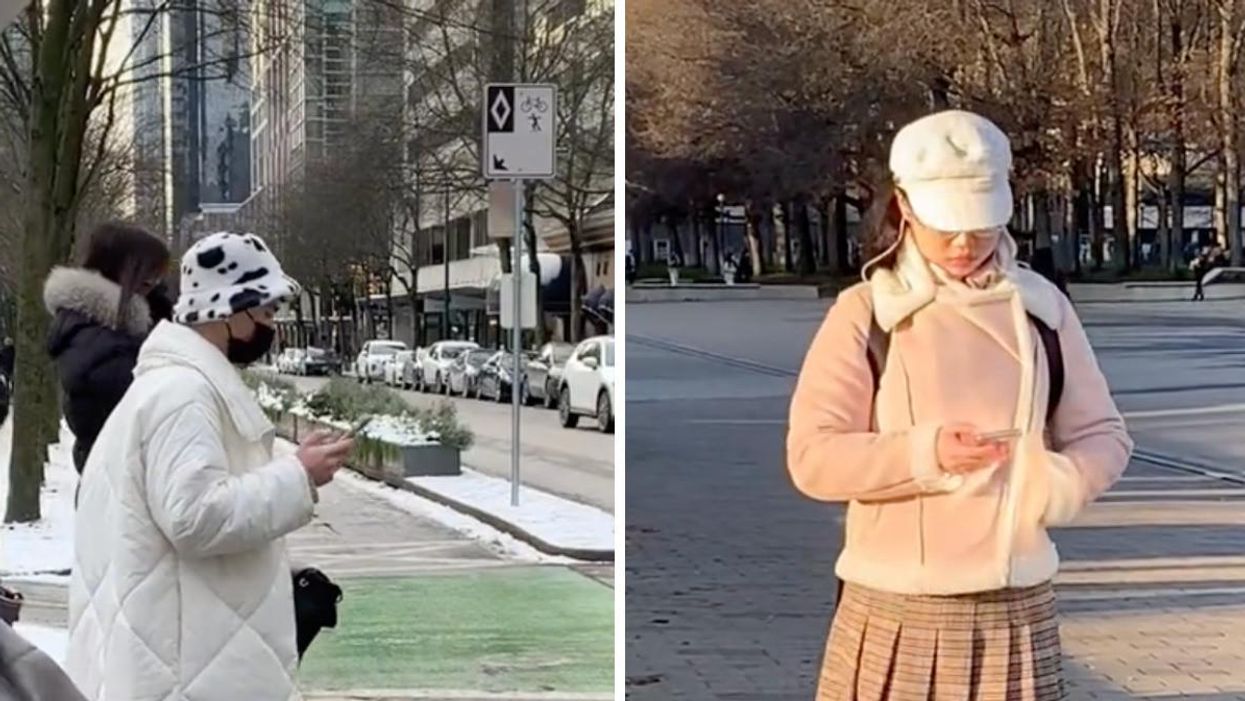 A person wearing a white coat and black and white hat looking at their phone while walking. RIght: A person wearing a peach outfit and a white cap looking at their phone while walking.
