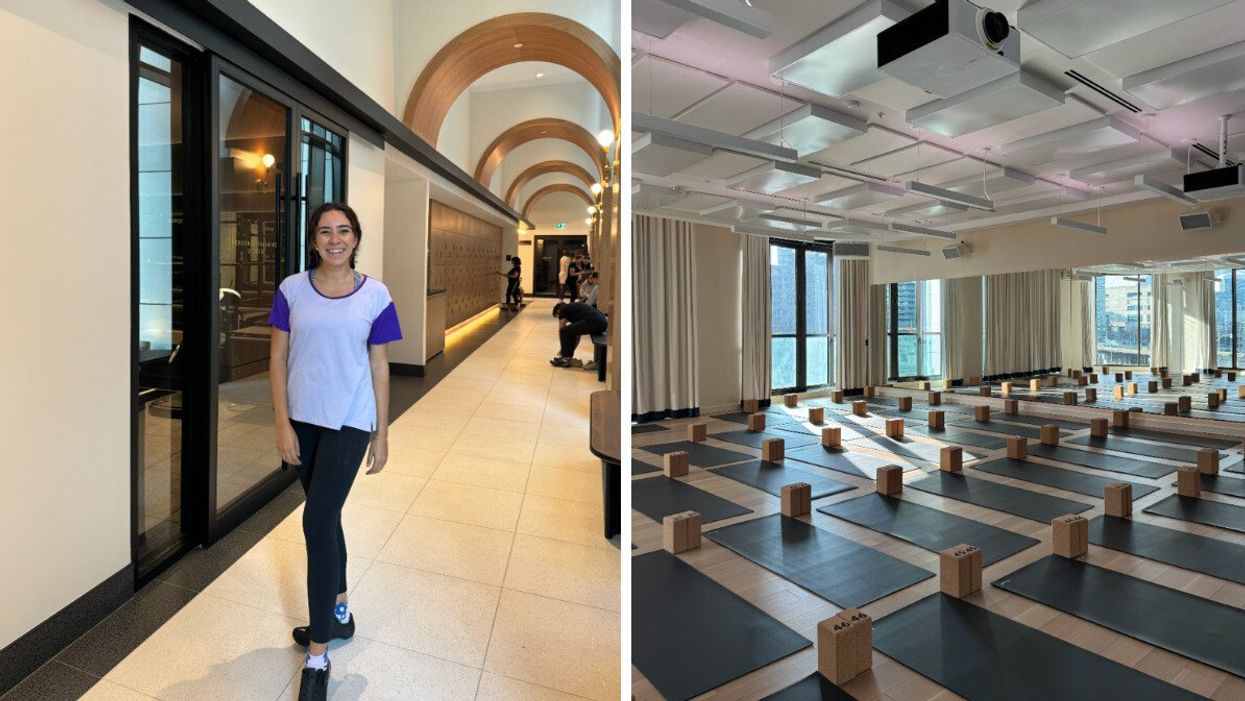 A person wearing spinning shoes at Sweat and Tonic. Right: Sweat and Tonic's yoga studio in The Well.