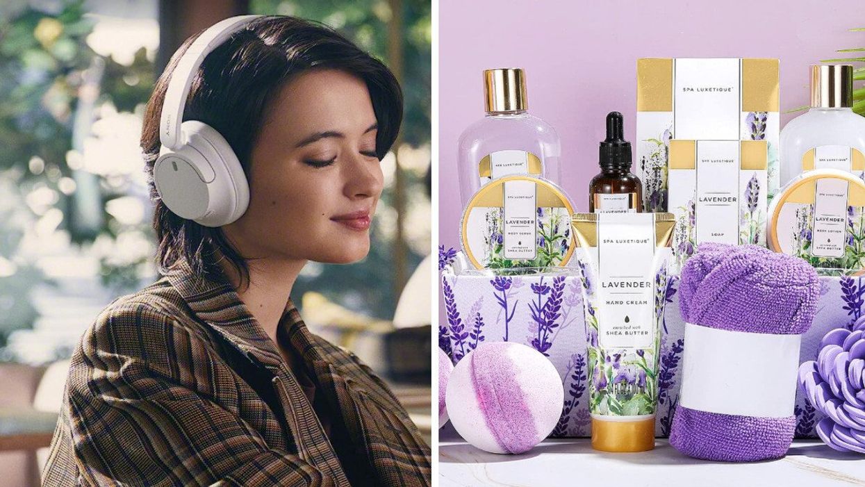 A person wearing the Sony noise cancelling headphones. Right: A lavender-scented spa gift set.
