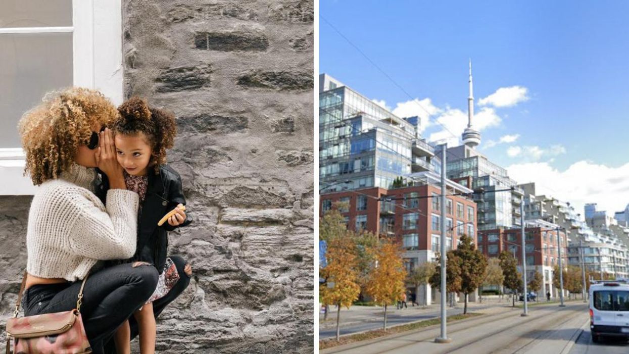 A person whispering in a child's ear. Right: Toronto during summer.
