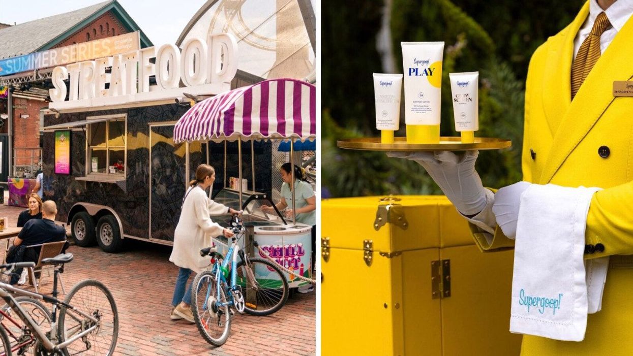 A person with a bike standing by an ice cream cart. Right: A gloved hand holding a tray of Supergoop! sunscreen.