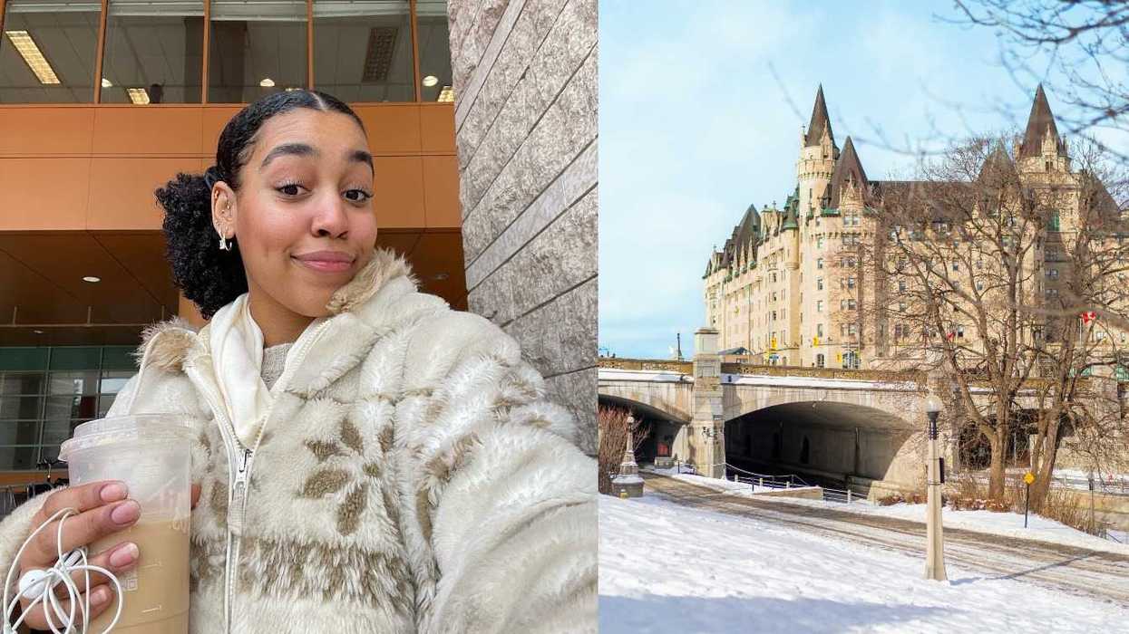 A person with a coffee from Tim Hortons. Right: The city of Ottawa.