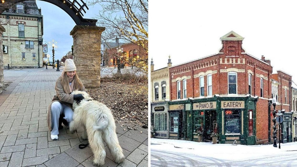 A person with a dog. Right: Port Perry, Ontario.
