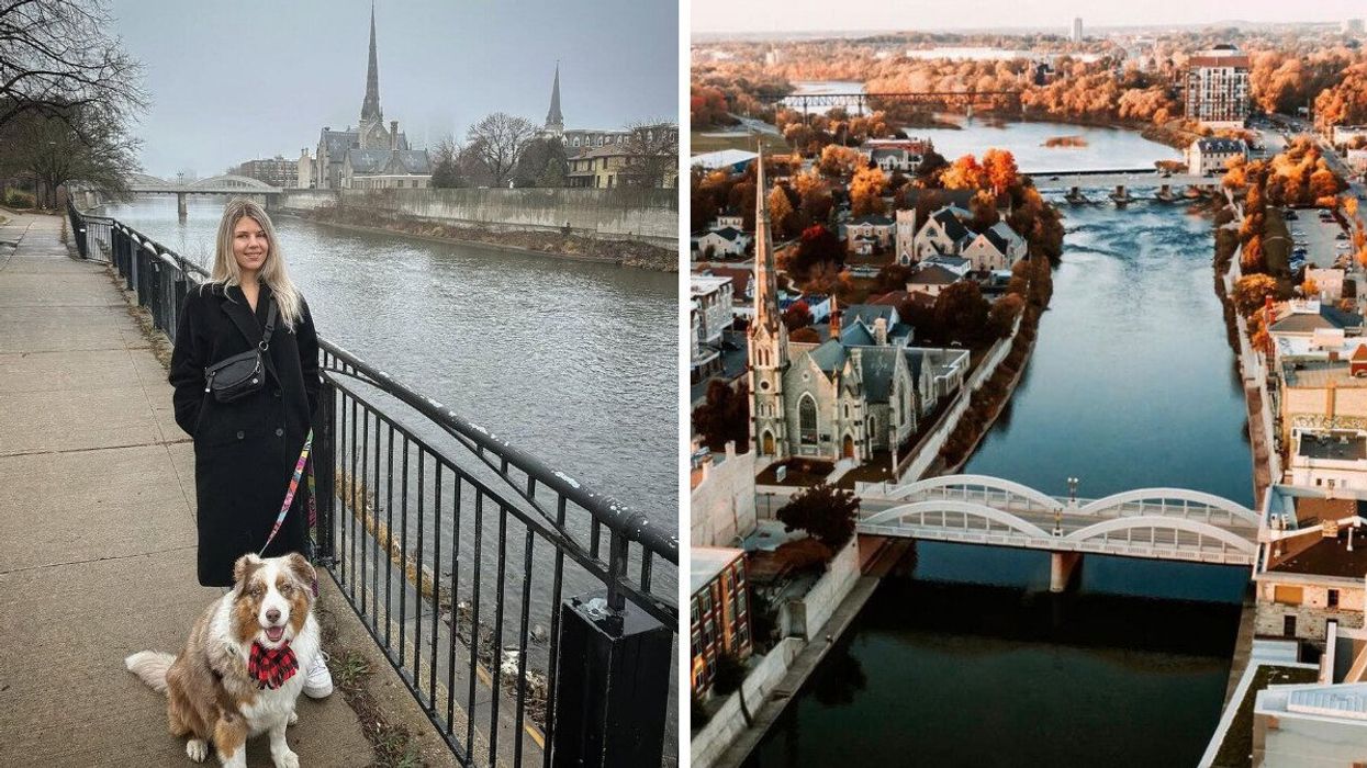 A person with a dog standing by a river. Right: A town during the fall.