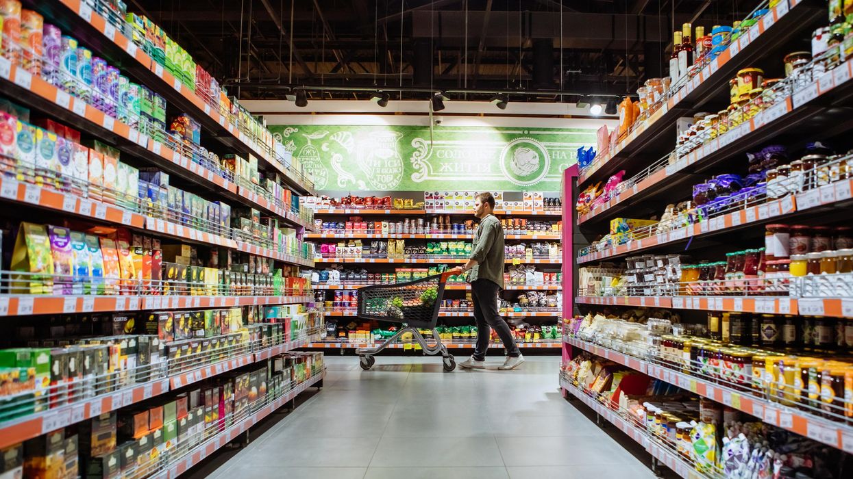 A person with a grocery cart in a grocery store.