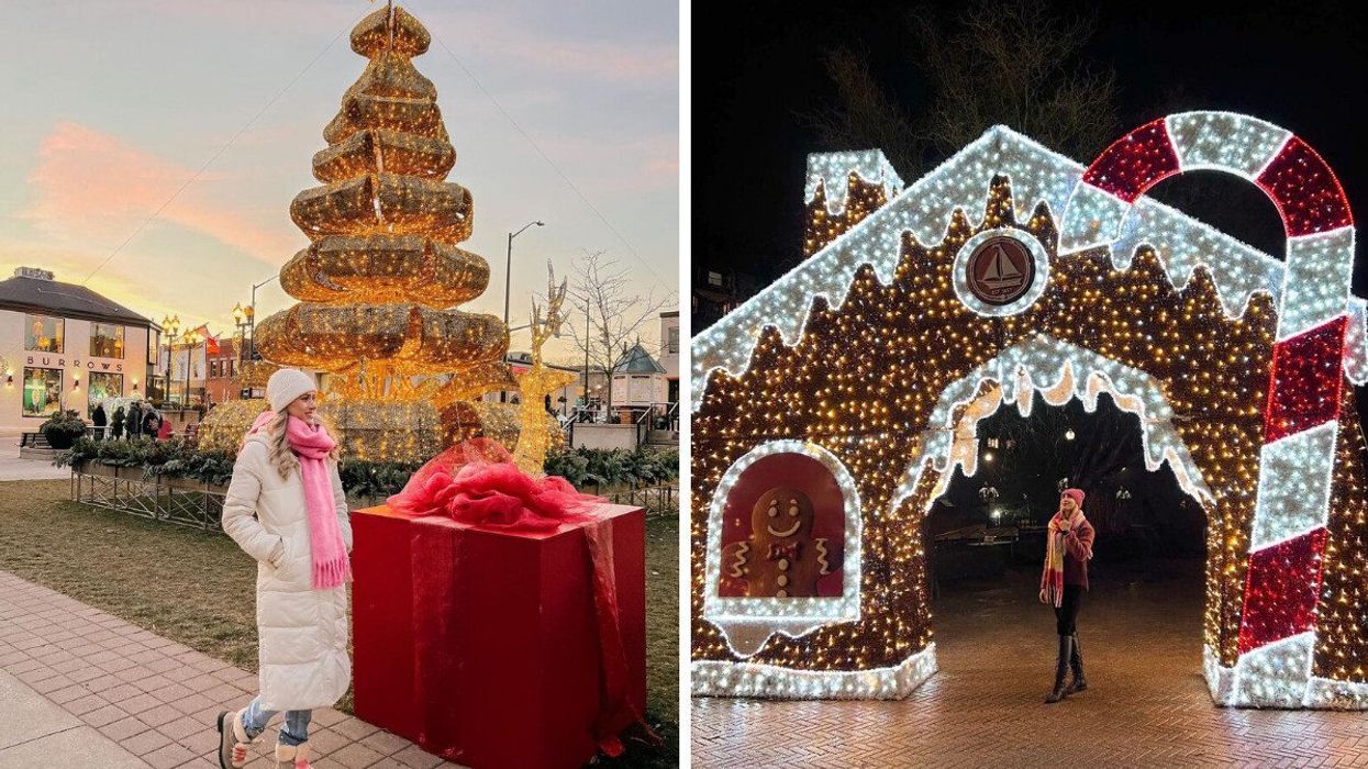 A person with a pink scarf standing by Christmas decor. Right: A person standing under a gingerbread house.