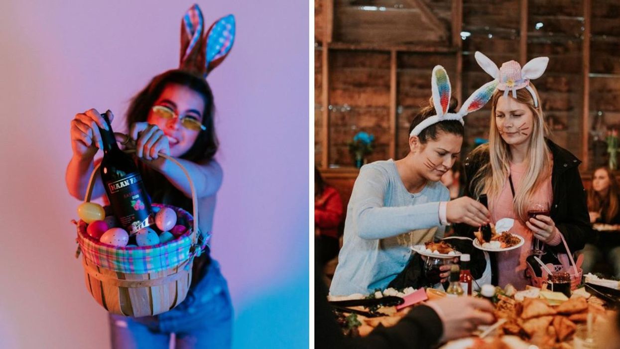 A person with an Easter basket. Right: Two people at the Maan Farms Easter egg hunt dinner.