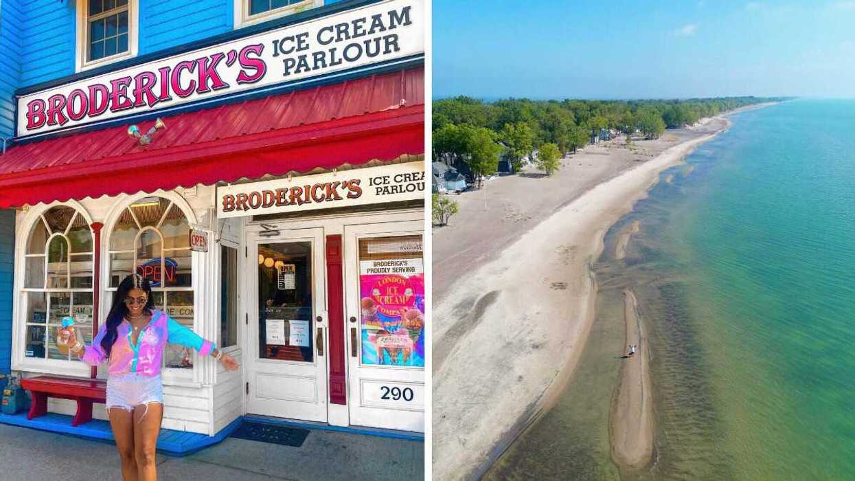 A person with an ice cream cone. Right: A stretch of sand.