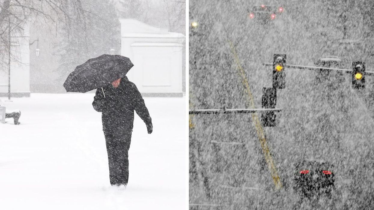 A person with an umbrella walking through snow. Right: Snowy conditions on the road.