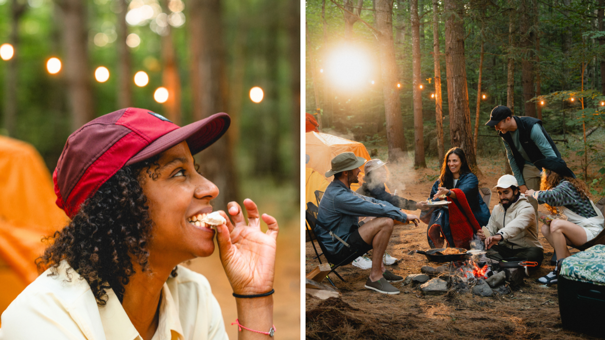A person with brown skin and curly hair wearing a red cap bites into a marshmallow. Right: A group of six people sit around a camp stove eating a meal at sunset.