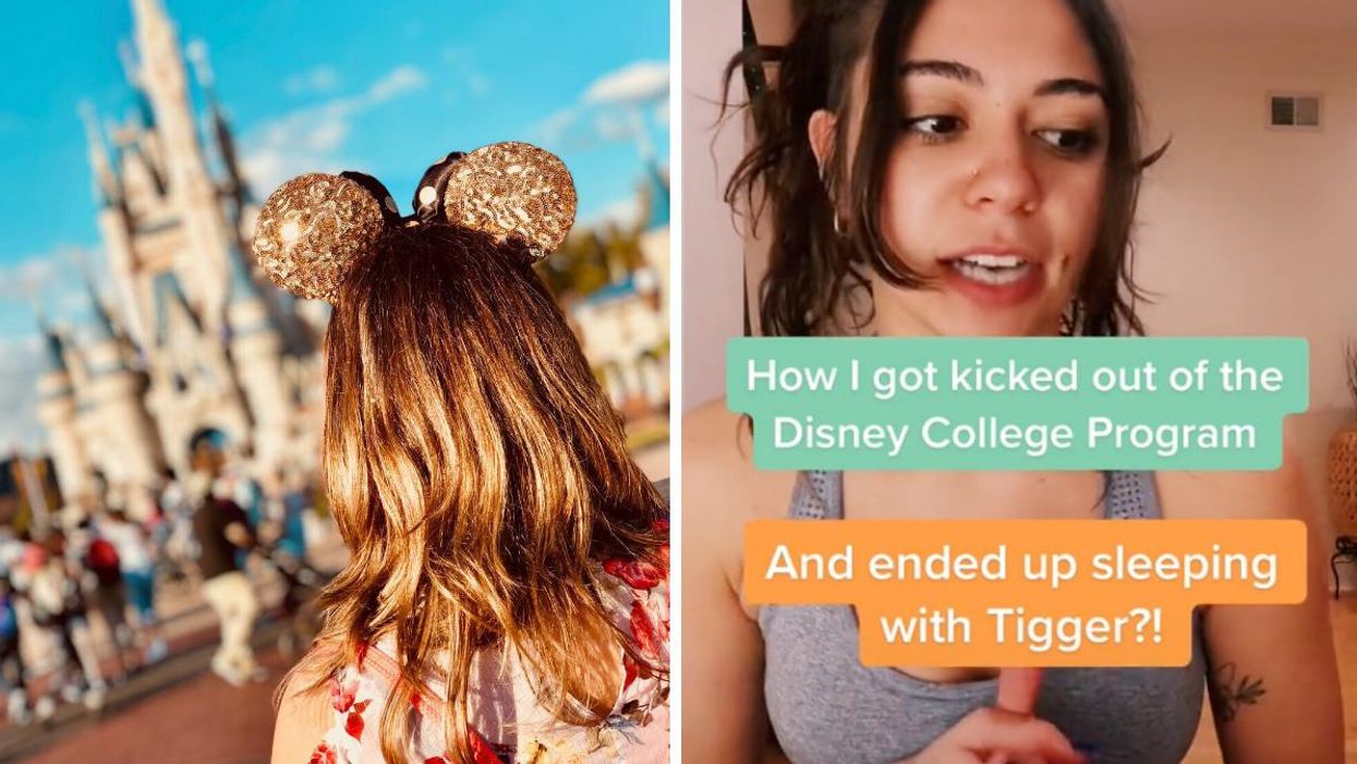 A person with long hair and mouse ears faces Cinderella's castle. Right: A screencap from a Tiktok about Disney College Program.