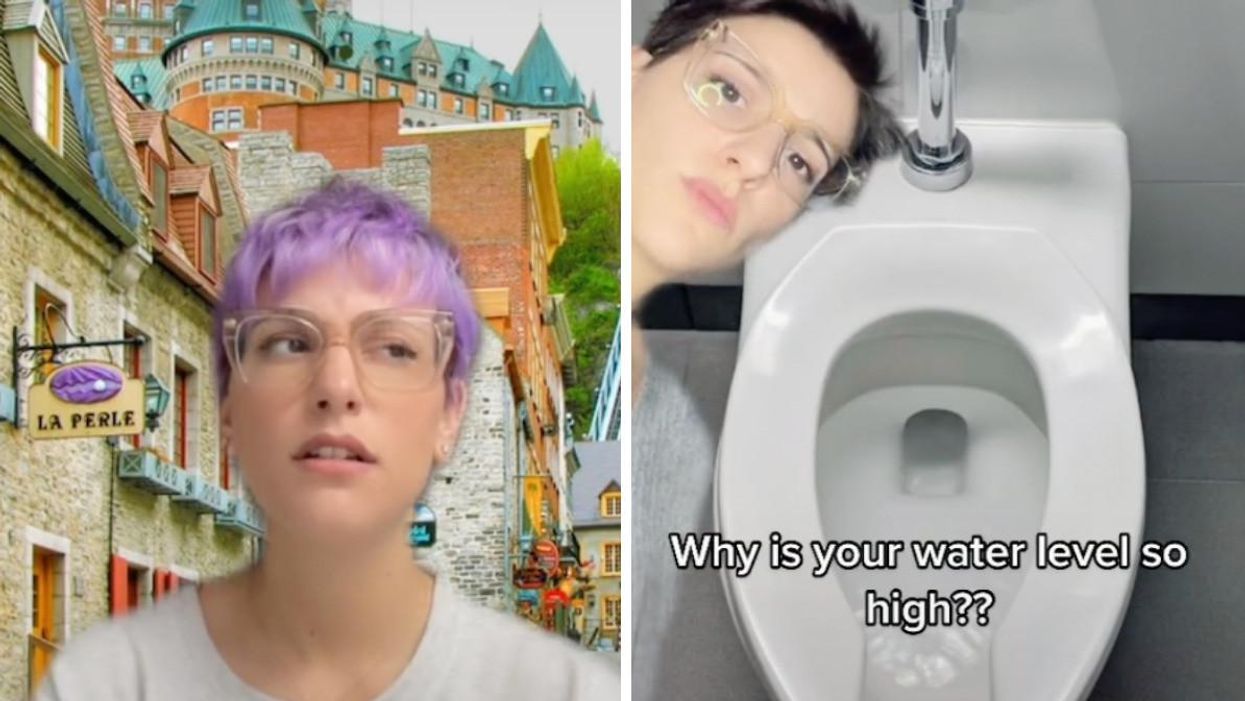 A person with Quebec in the background. Right: A toilet.