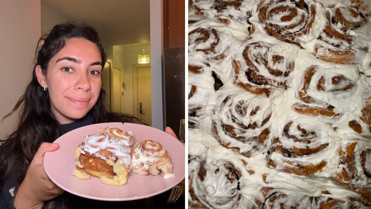 A person with three cinnamon rolls from different grocery stores on a plate. Right: A close-up picture of cinnamon rolls.