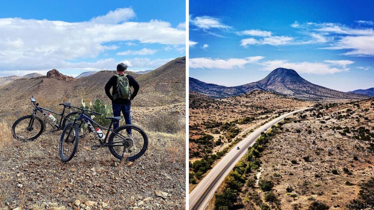 A person with two bikes at Big Bend Ranch State Park. Right: The remnants of the Paisano Volcano.
