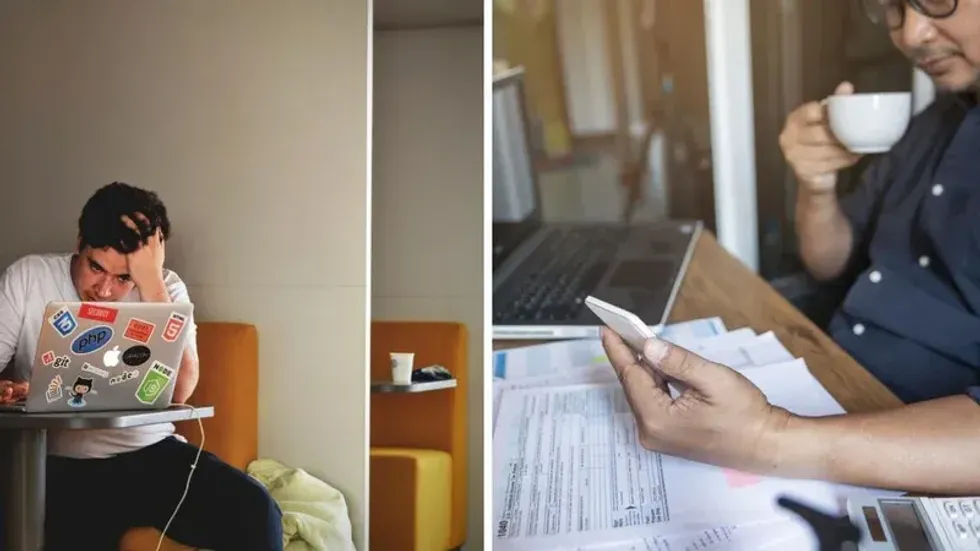 A person working at a computer. Right: Someone working from home.