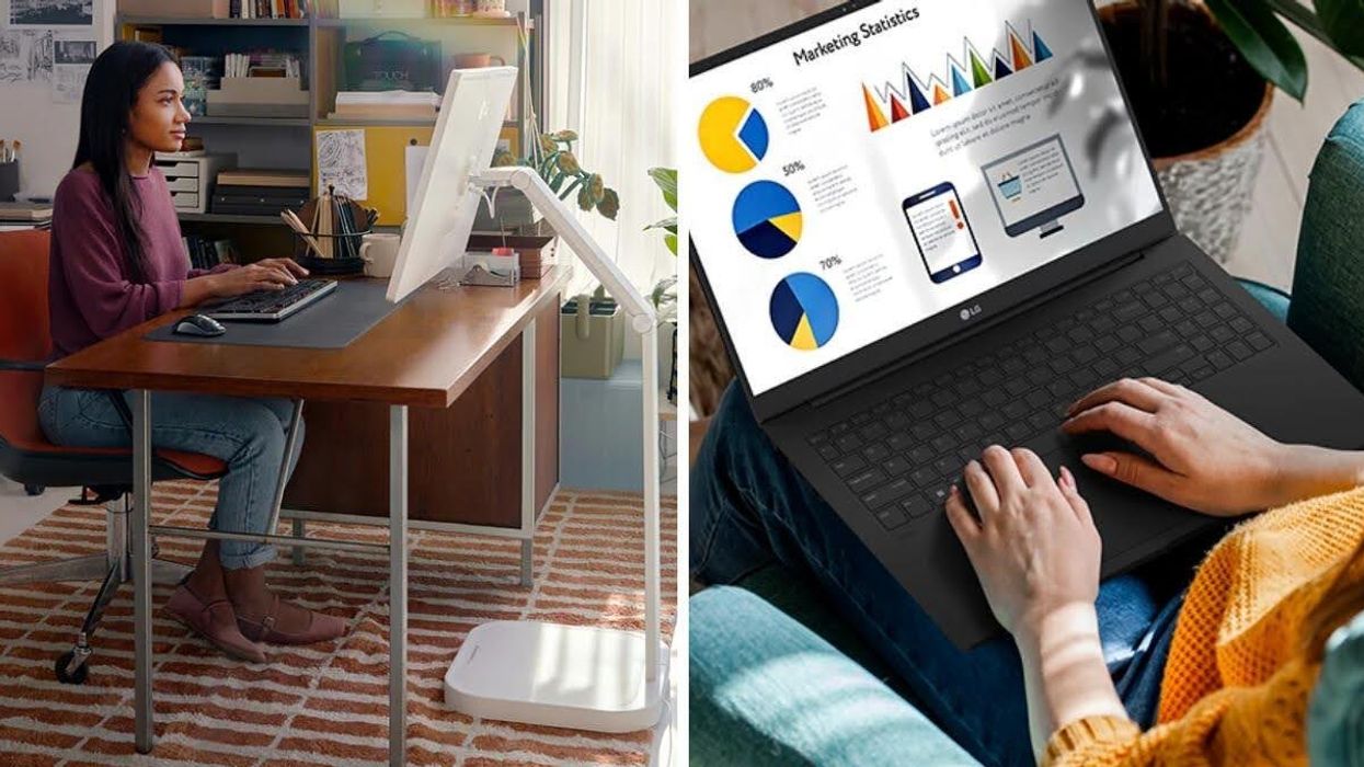 A person working at a desk with an LG monitor. Right: A laptop displaying graphs.