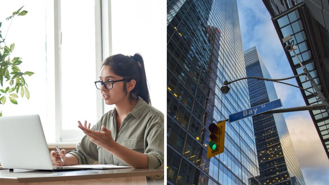 A person working from home. Right: Bay Street in Toronto.