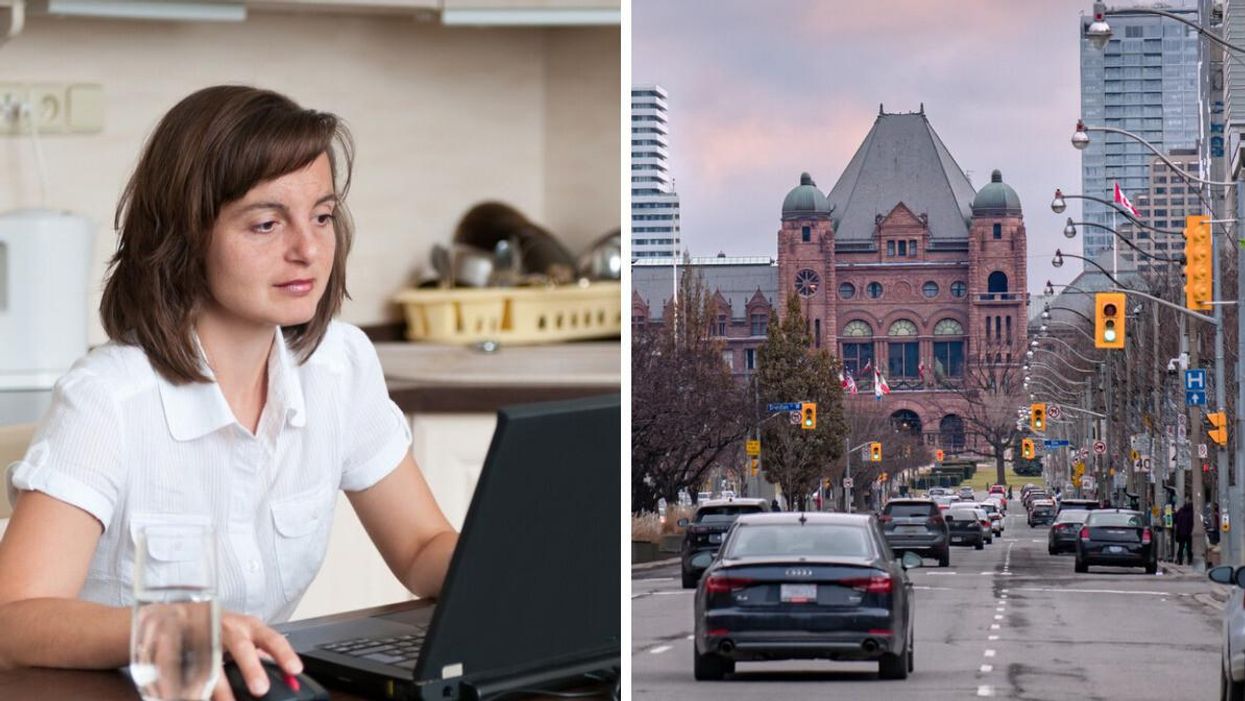 A person working from home. Right: Queen's Park.