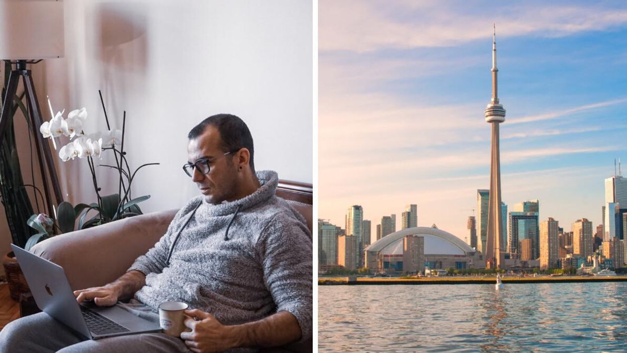 A person working from home. Right: Toronto skyline during sunset.