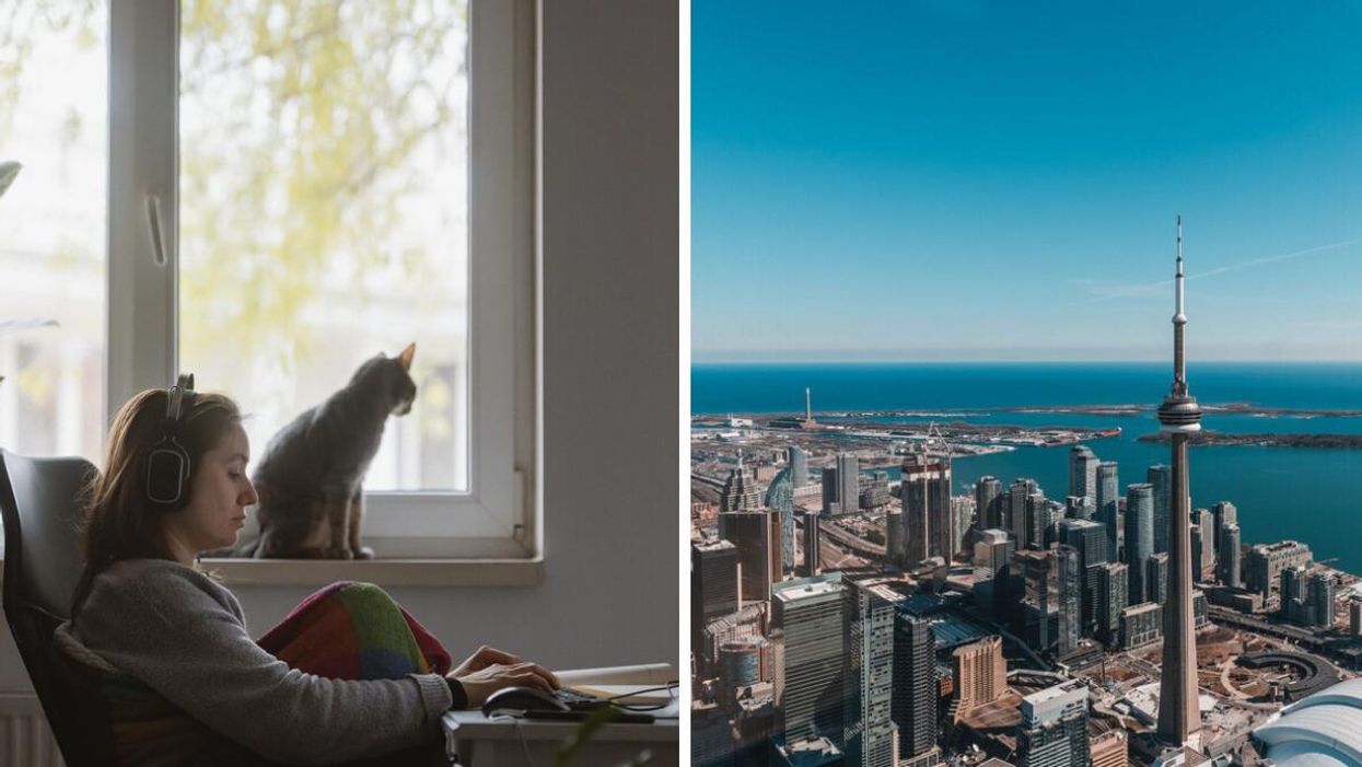 A person working from home with their cat. Right: Aerial view of Toronto.