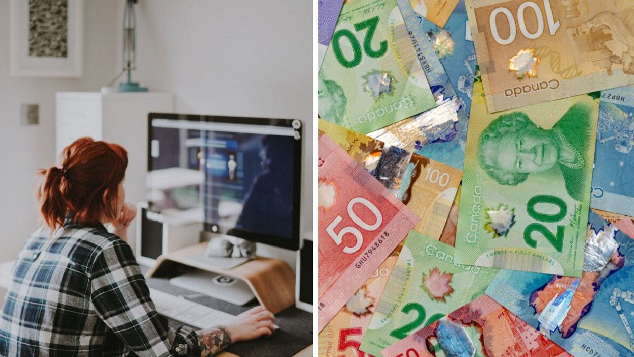 A person working on a computer. Right: Canadian money.