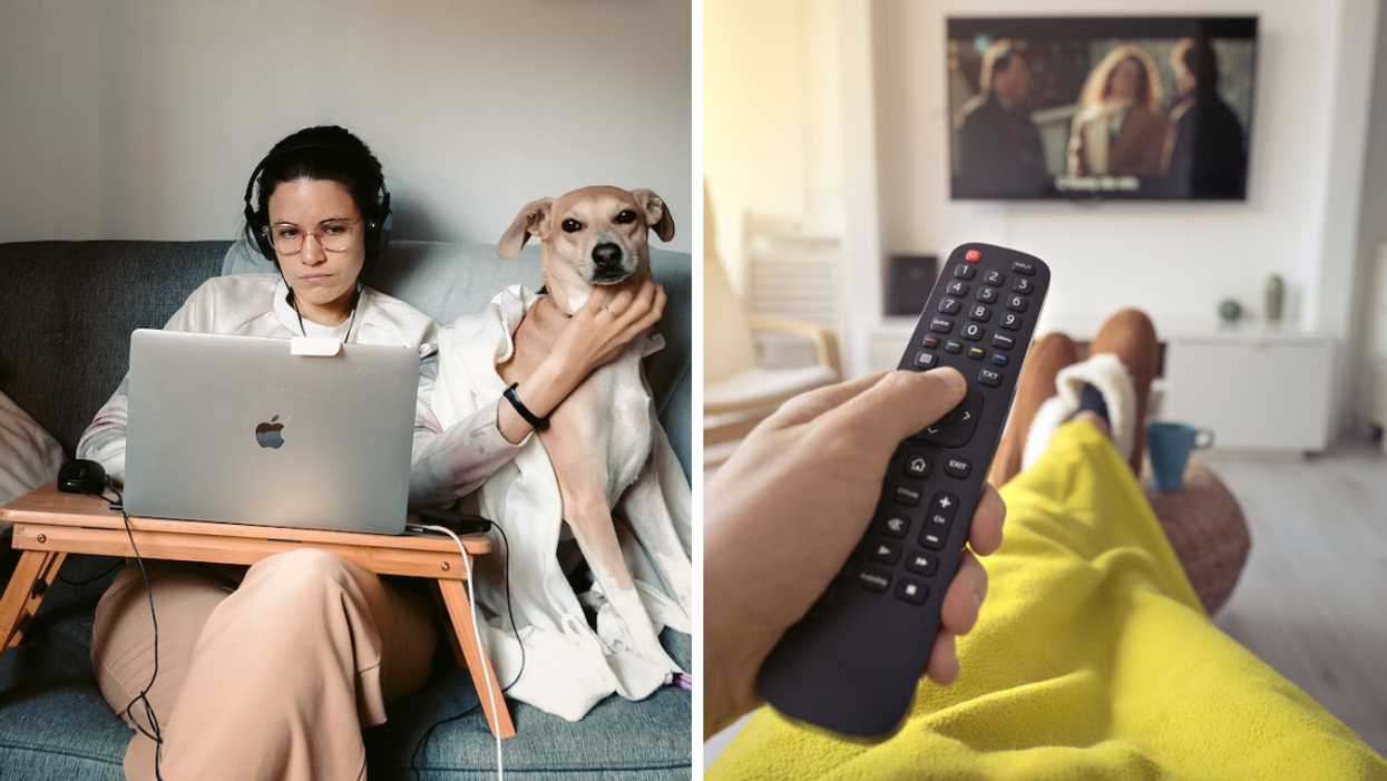 A person working on a laptop. Right: A remote pointed at a TV.