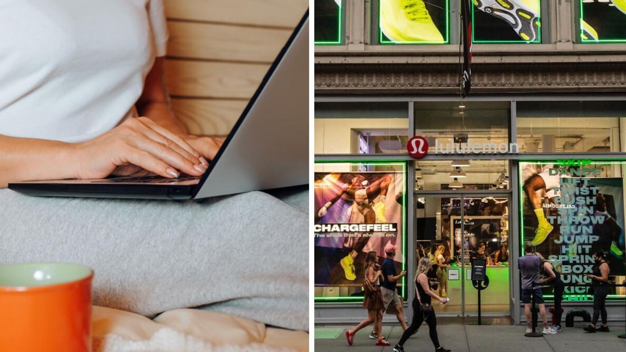 A person working on a laptop. Right: Lululemon.