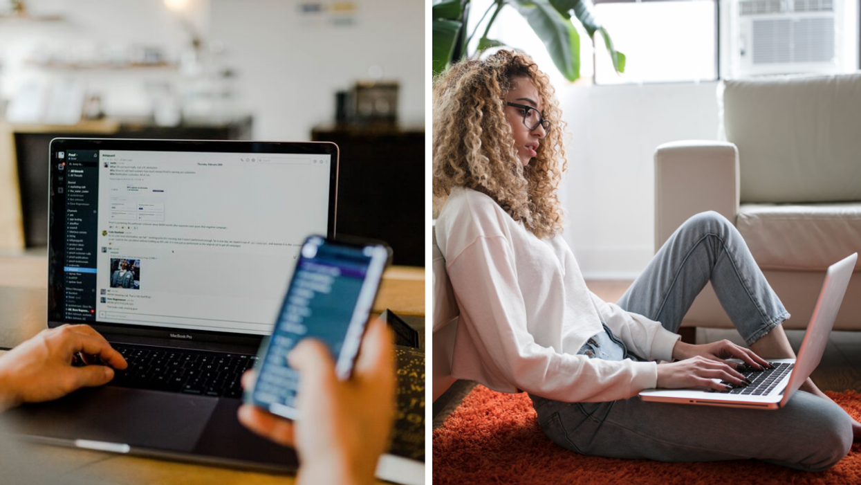 A person working on a phone and a computer. Right: A woman working on a laptop.