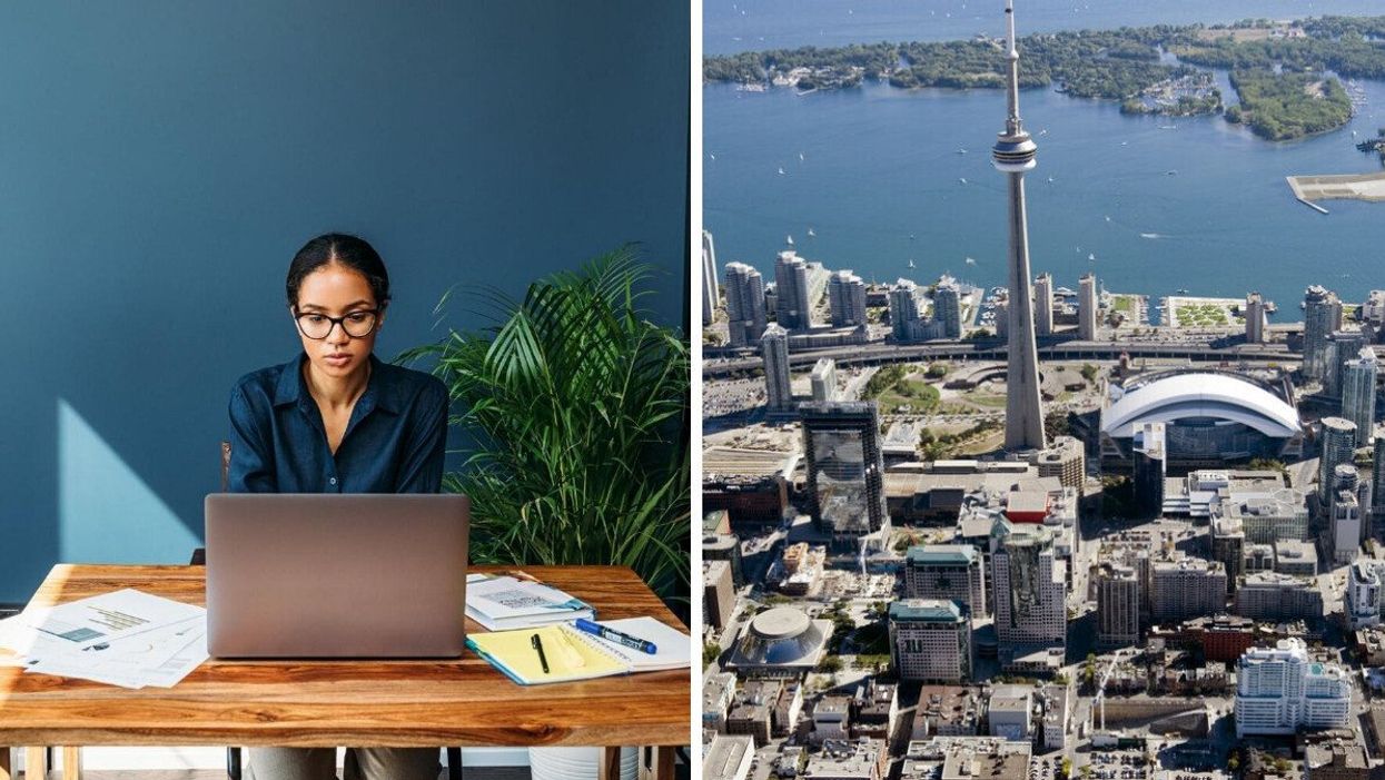 A person working remotely. Right: A bird's-eye view of Toronto.