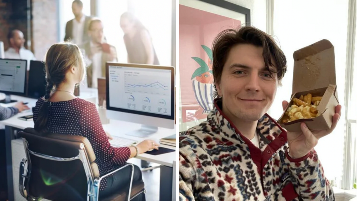 A person works at a computer. Right: Tristan Wheeler holding poutine.