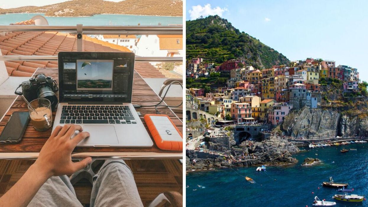 A person works on a laptop. Right: A cliffside town in Italy.
