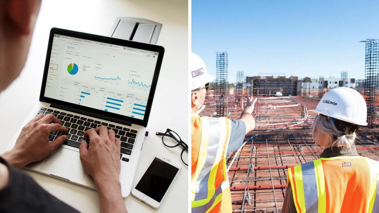 A person works on a laptop. Right: Construction workers survey a site.