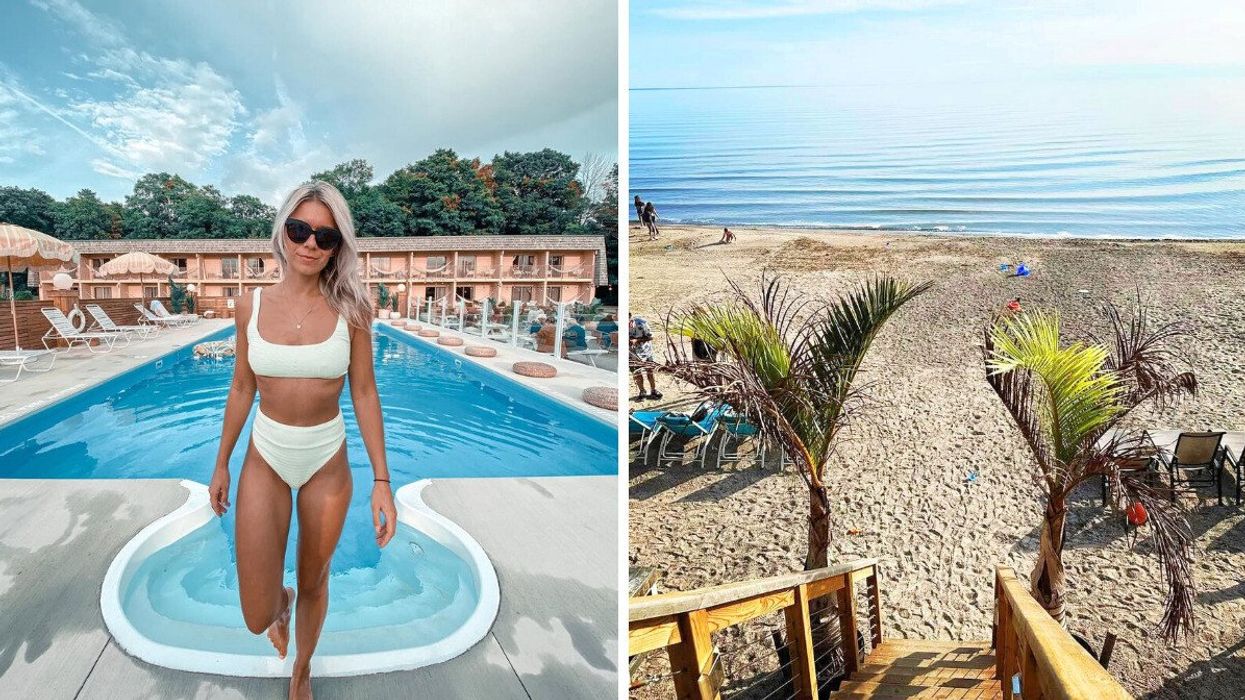 A persone standing by a pool. Right: A beach with palm trees.