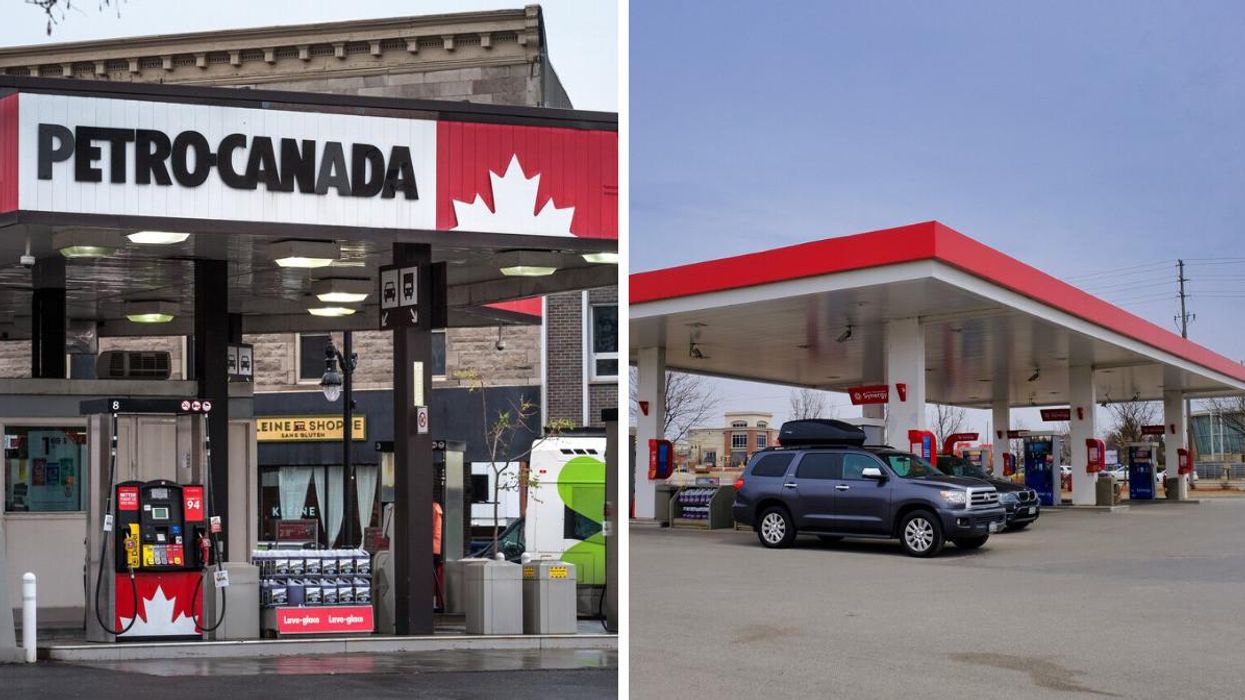 A Petro-Canada gas station. Right: A gas station with a couple cars fueling up.