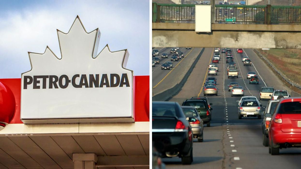 A Petro-Canada sign. Right: Traffic on a highway in Ontario.