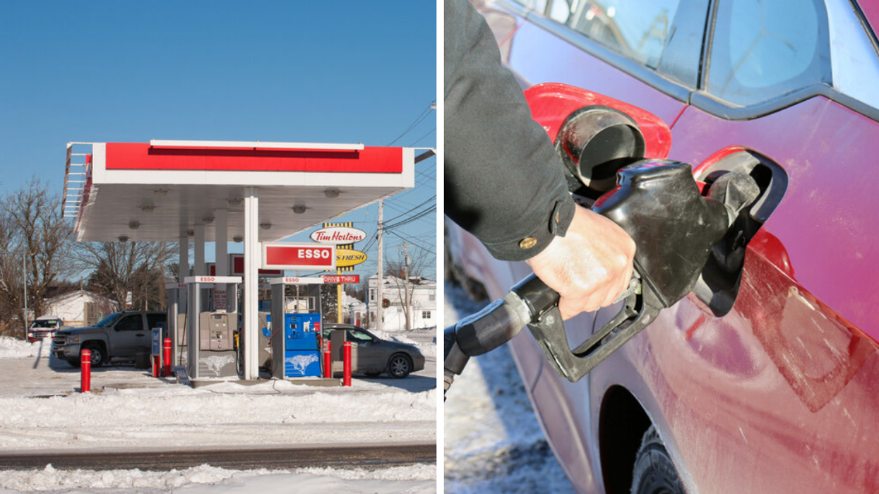 A petrol station in Canada. Right: Filling gas at a petrol pump.
