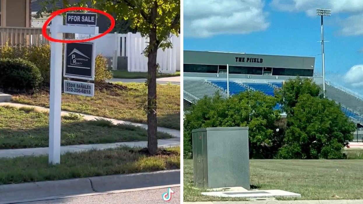 A "PFOR SALE" sign in Pflugerville, TX. Right "The Pfield" stadium in Pflugerville, TX.