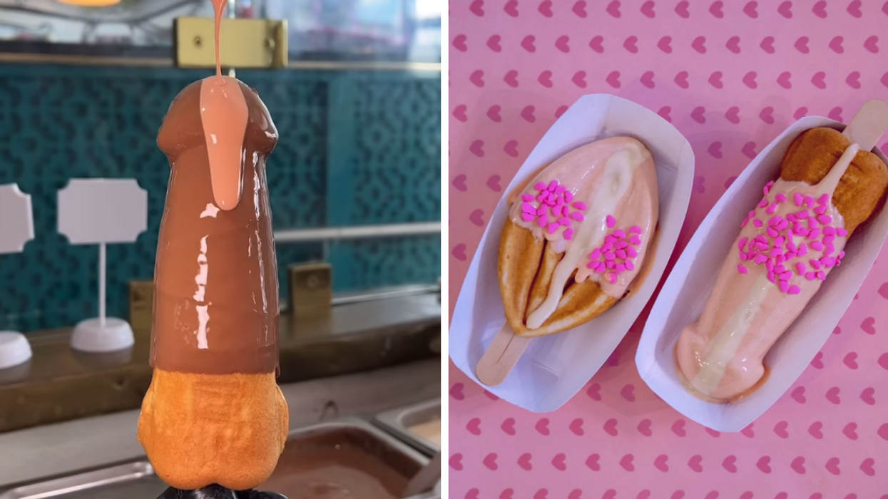 A phallic-shaped waffle. Right: Two waffles shaped like genitals.