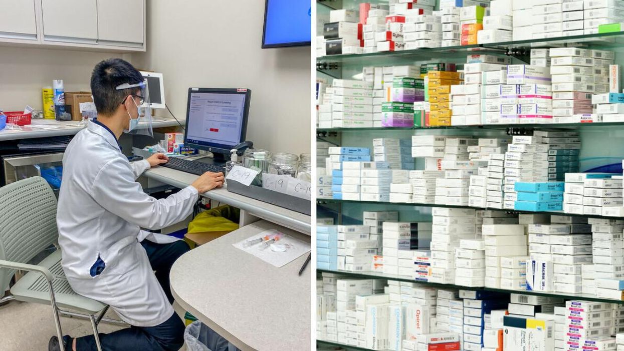 A pharmacist in Ontario. Right: A pharmacy.