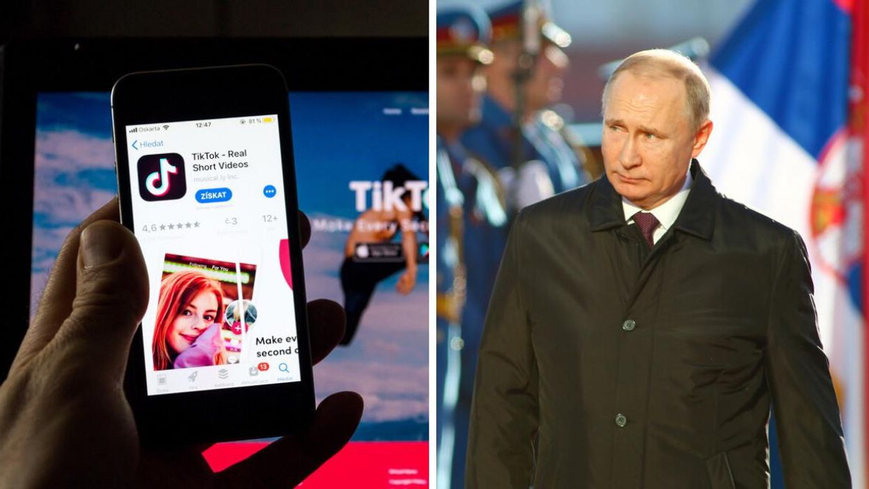 A phone featuring the TikTok app. Right: President of Russia Vladimir Putin.