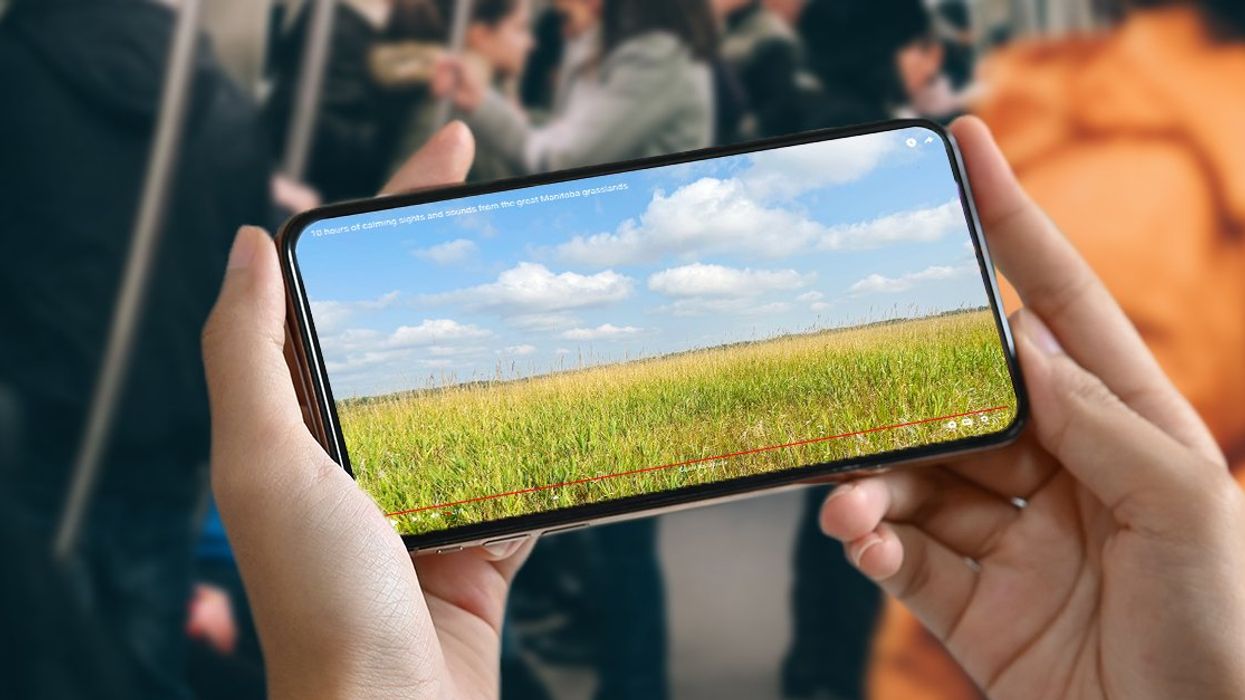A phone tuned in to The Grasslands Channel on public transit.