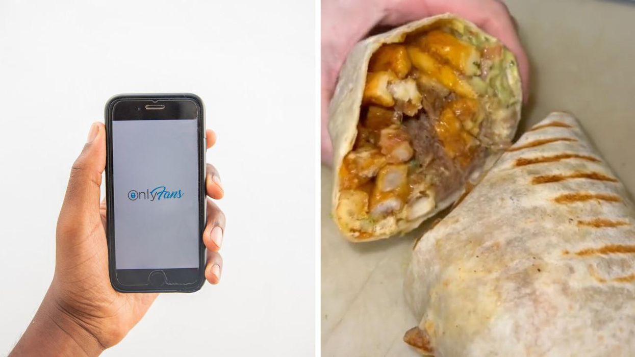 A phone with the OnlyFans app. Right: A burrito from Add More Fries.