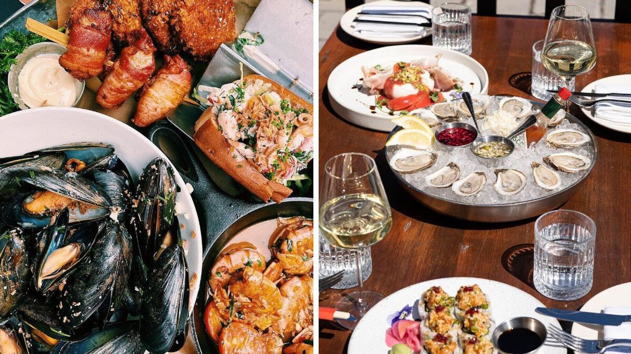 A photo collage of a variety of seafood dishes laid out.
