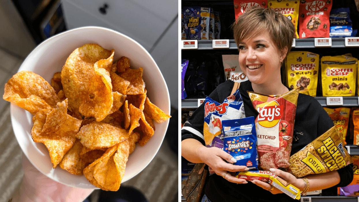 a photo of a bowl of ketchup chips and a person holding an armful of snacks for testing