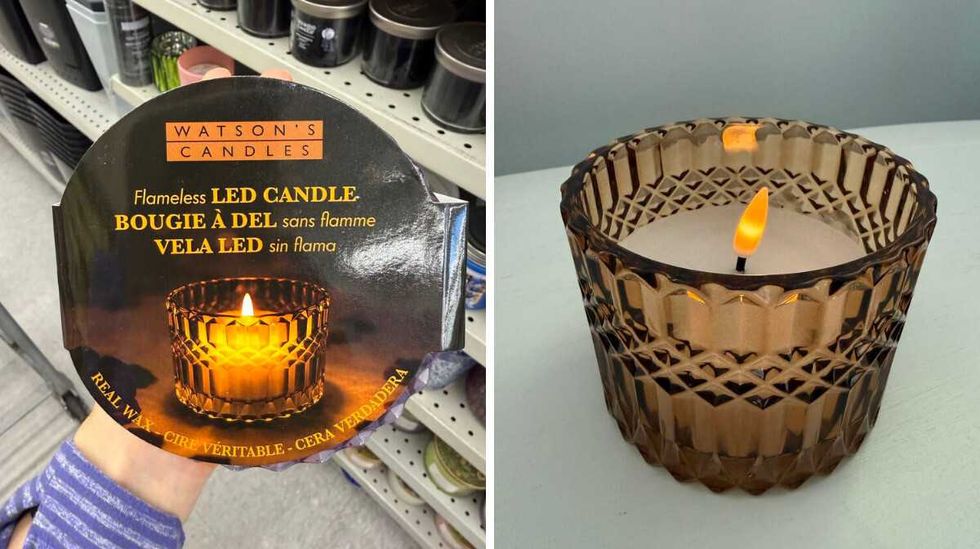 A photo of a candle and a label reading Flameless LED candle. Right: The flameless LED candle on a table.