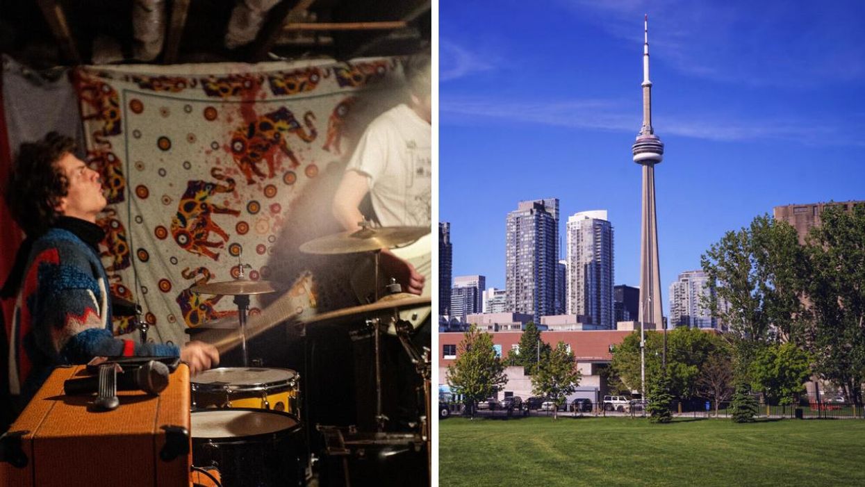 A photo of a drummer. Right: The CN Tower