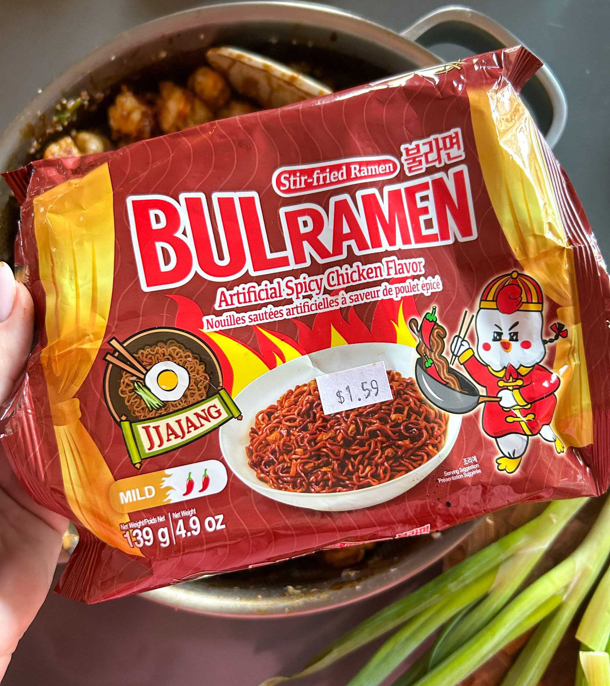 A photo of an instant ramen noodle packet on a kitchen countertop.
