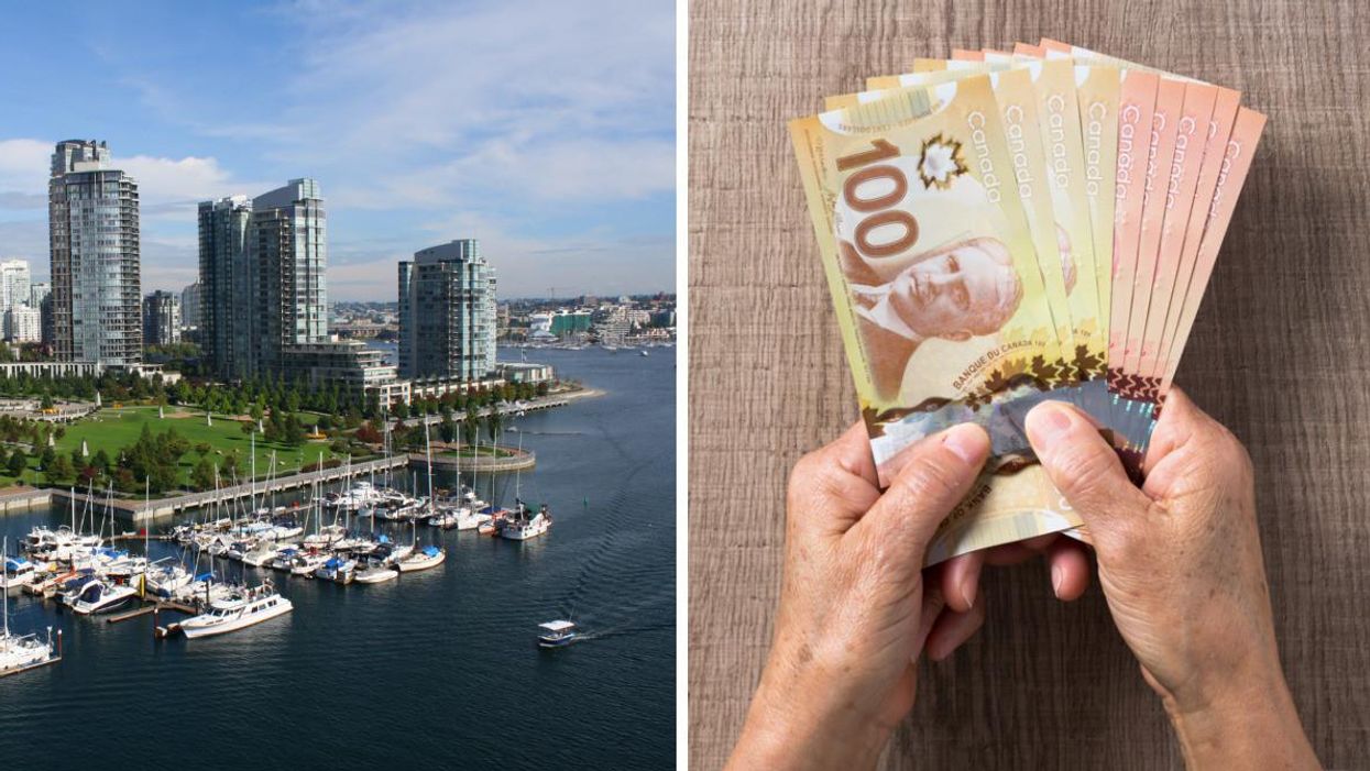 A photo of downtown Vancouver. Right: A generic picture of Canadian money.